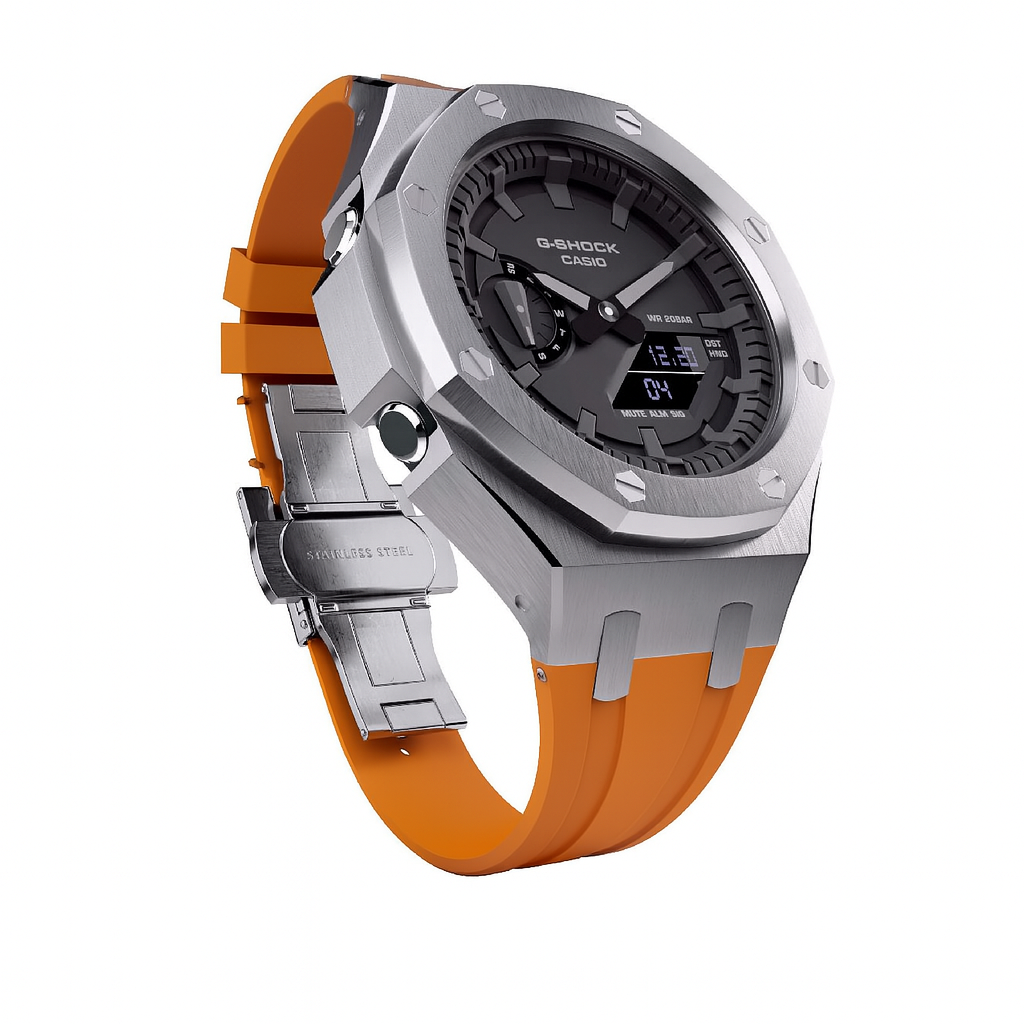 G-Shock GA-2100 Custom Metal Mod Watch Casio Casioak Steel Case Orange Strap image 3