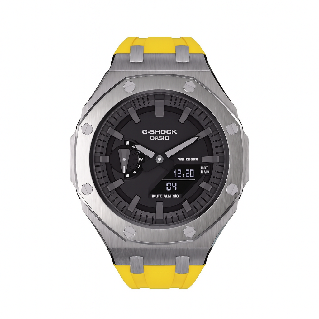 G-Shock GA-2100 Custom Metal Mod Watch Casio Casioak Steel Case Yellow Strap