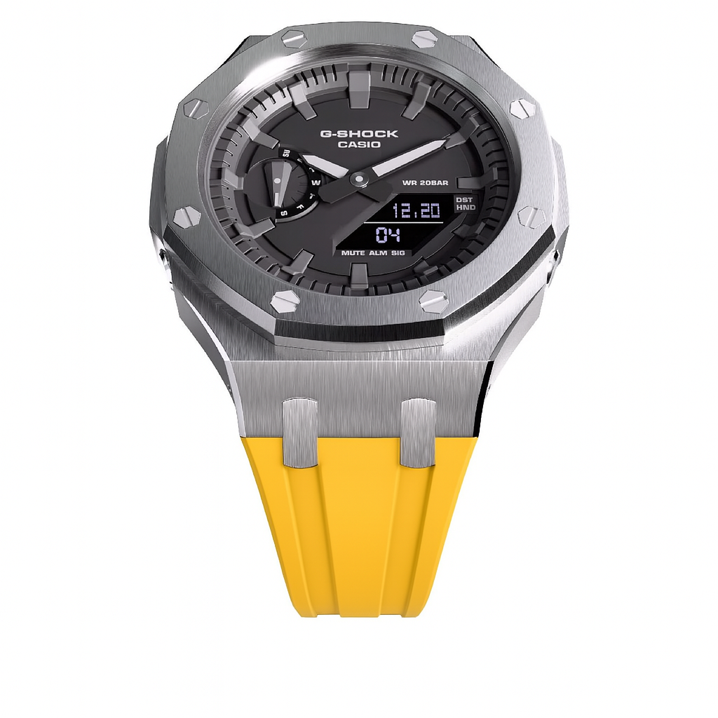 G-Shock GA-2100 Custom Metal Mod Watch Casio Casioak Steel Case Yellow Strap image 2