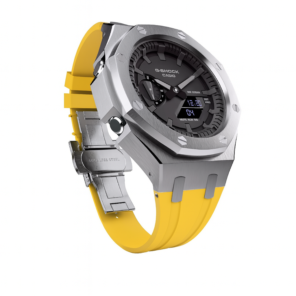 G-Shock GA-2100 Custom Metal Mod Watch Casio Casioak Steel Case Yellow Strap image 3