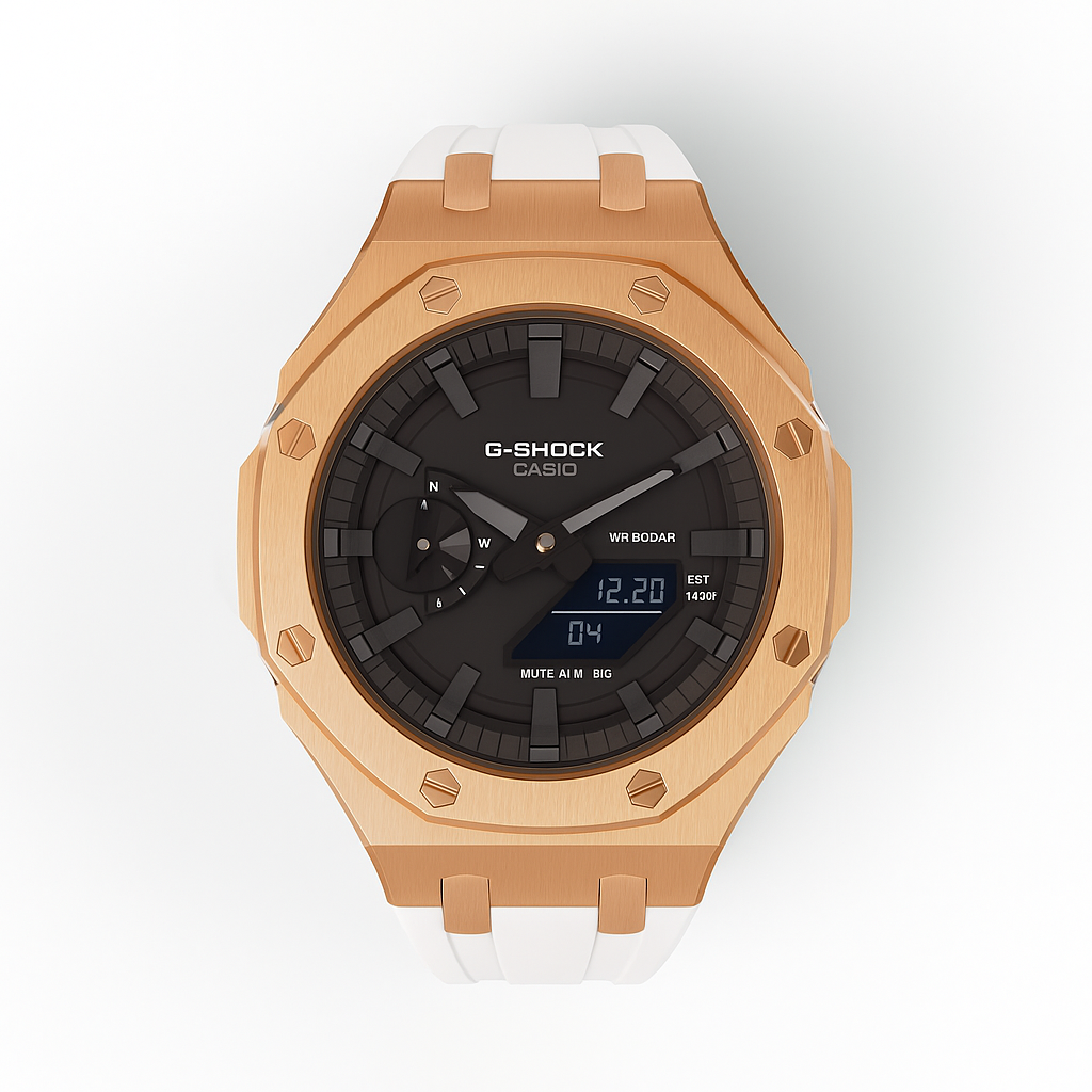 G-Shock GA-2100 Custom Metal Mod Watch Casio Casioak Rose gold Case White Strap