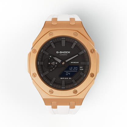 G-Shock GA-2100 Custom Metal Mod Watch Casio Casioak Rose gold Case White Strap