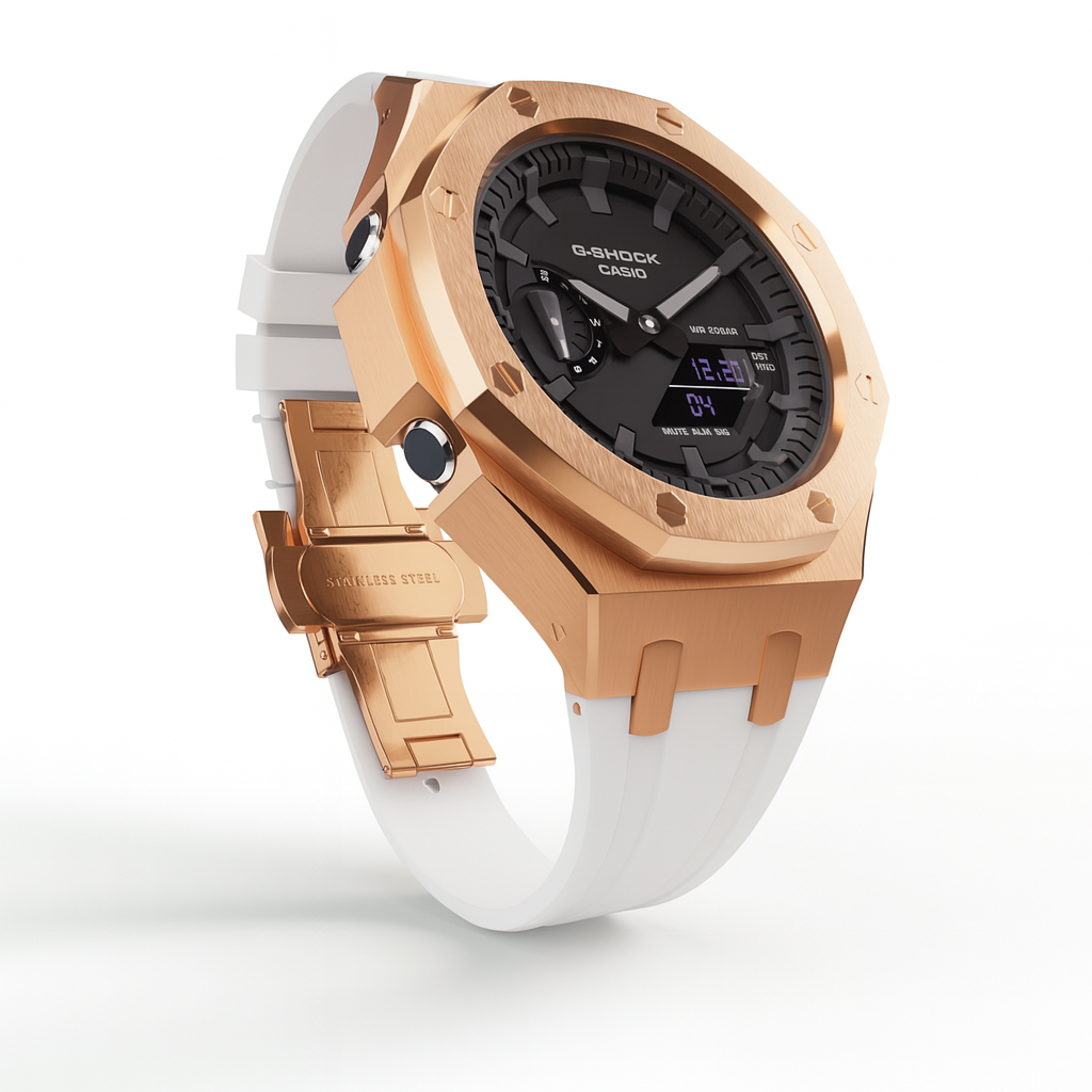 G-Shock GA-2100 Custom Metal Mod Watch Casio Casioak Rose gold Case White Strap image 3