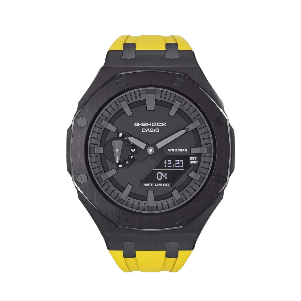 CasG-Shock GA-2100 Custom Metal Mod Watch Casio Casioak Black Case Yellow Strap