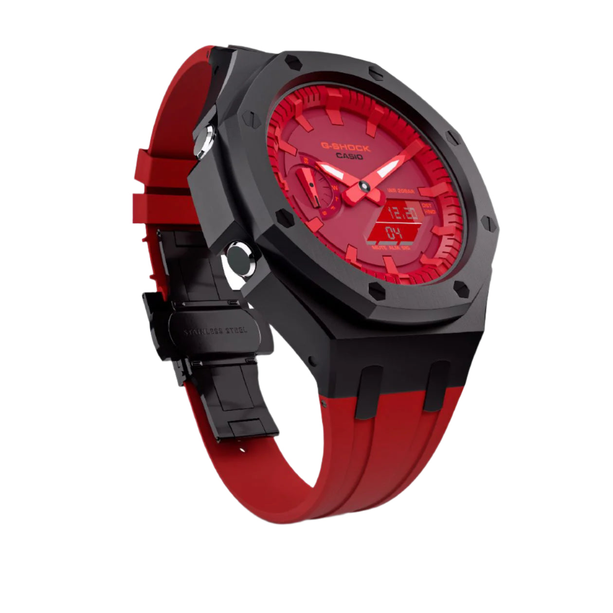 Casioak Mod Custom Watch Casio G-Shock GA-2100-4A Black Metal Red Strap GA2100 Image 1