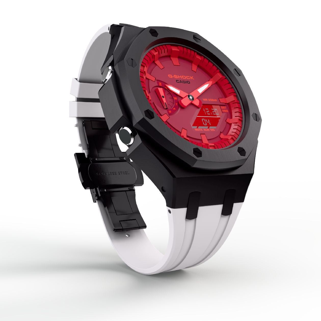 Casioak Mod Custom Watch Casio G-Shock GA-2100-4A Black Case Red Dial White Band Image 1