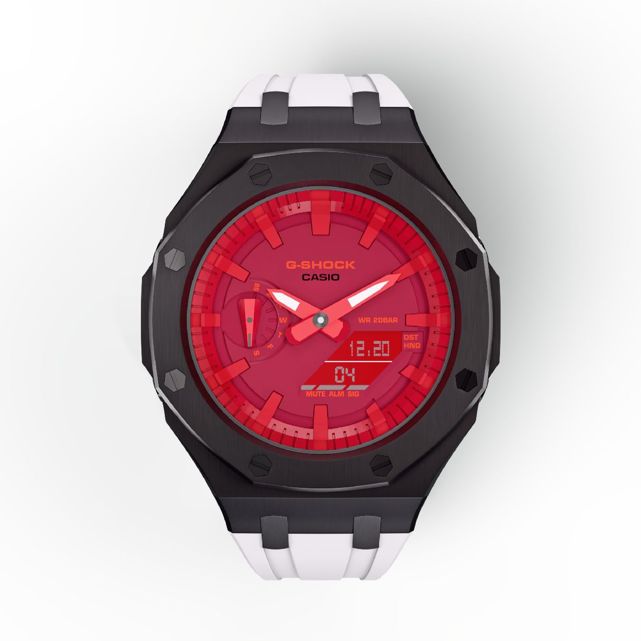 Casioak Mod Custom Watch Casio G-Shock GA-2100-4A Black Case Red Dial White Band Image 3