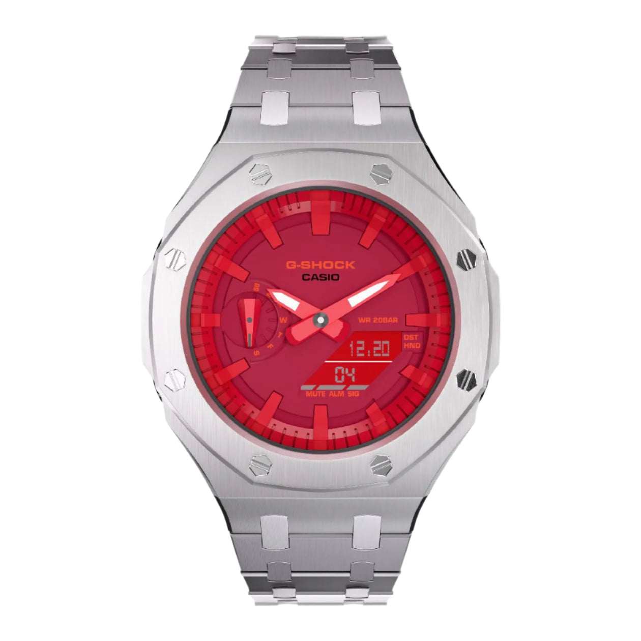 Casioak Mod Custom Metal Watch Casio G-Shock GA-2100-4A Red Dial Steel GA2100 Image 3
