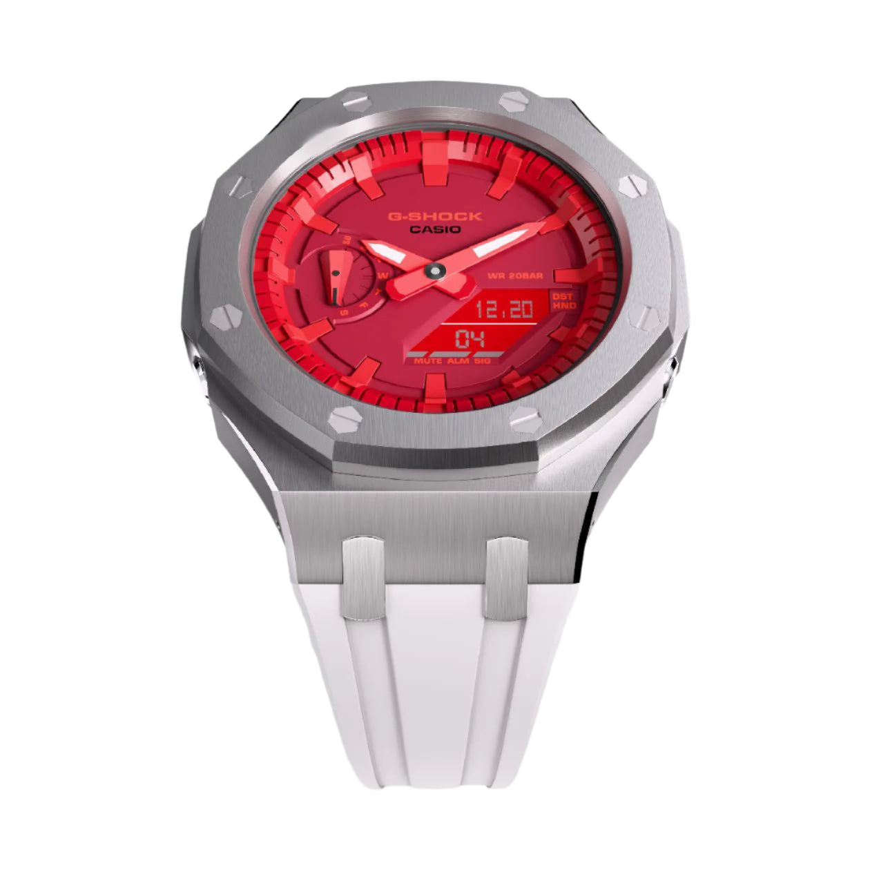 Casioak Mod Custom Metal Watch Casio G-Shock GA-2100-4A Red Dial White Strap Image 2