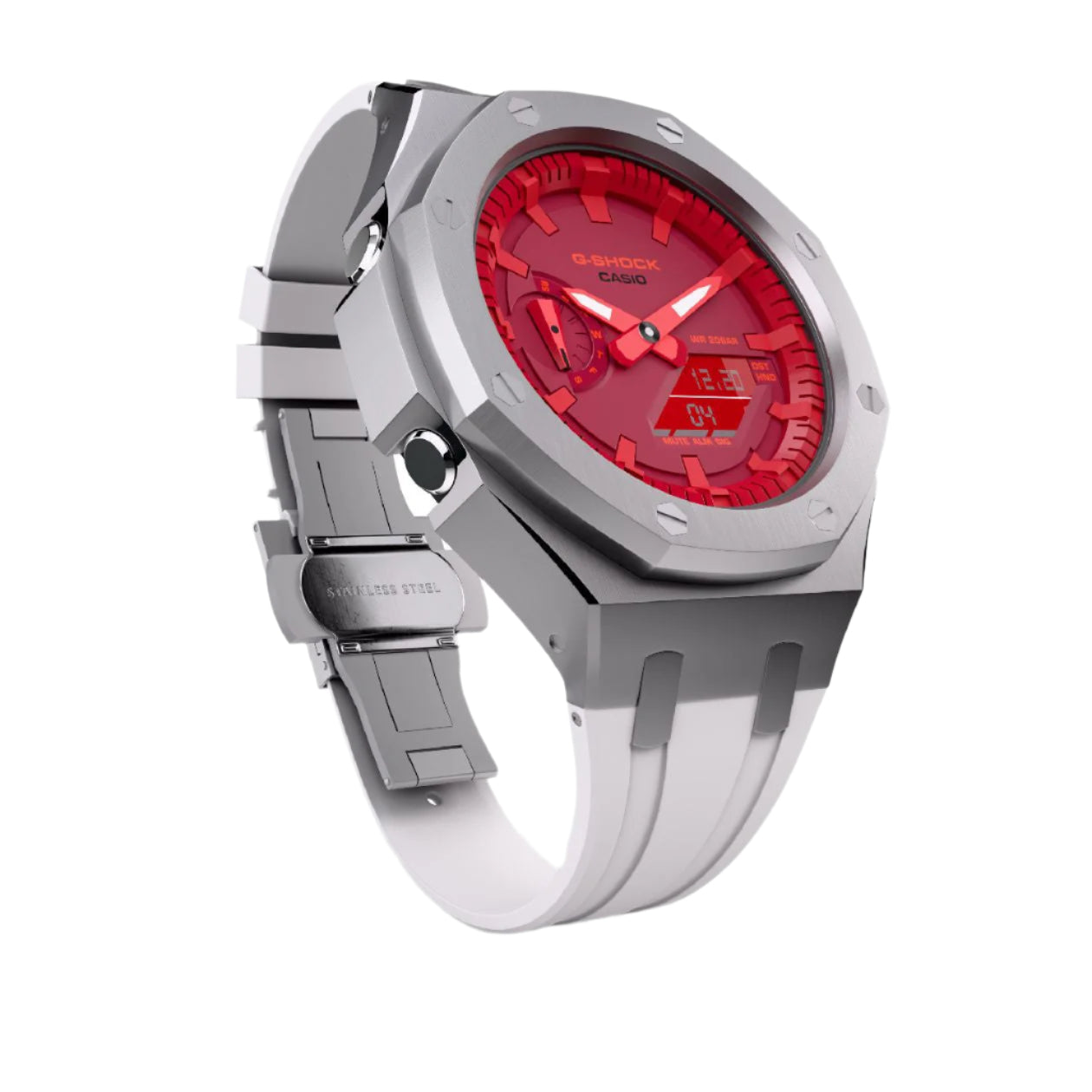 Casioak Mod Custom Metal Watch Casio G-Shock GA-2100-4A Red Dial White Strap Image 1