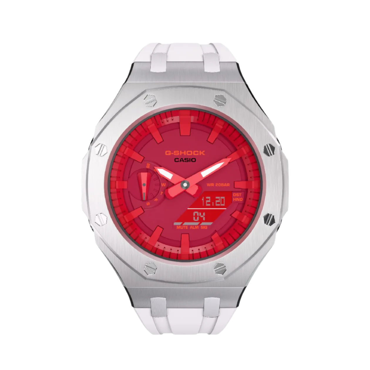 Casioak Mod Custom Metal Watch Casio G-Shock GA-2100-4A Red Dial White Strap Image 3