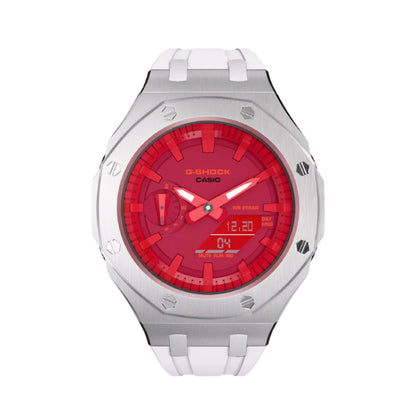 Casioak Mod Custom Metal Watch Casio G-Shock GA-2100-4A Red Dial White Strap Image 3