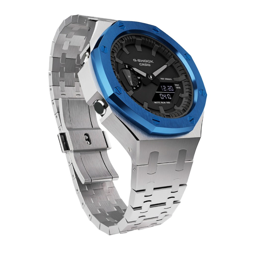 Casio G-Shock GA-2100 Silver Case & Blue Bezel GA2100 Casioak Mod Custom Watch