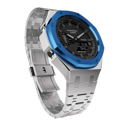 Casio G-Shock GA-2100 Silver Case & Blue Bezel GA2100 Casioak Mod Custom Watch