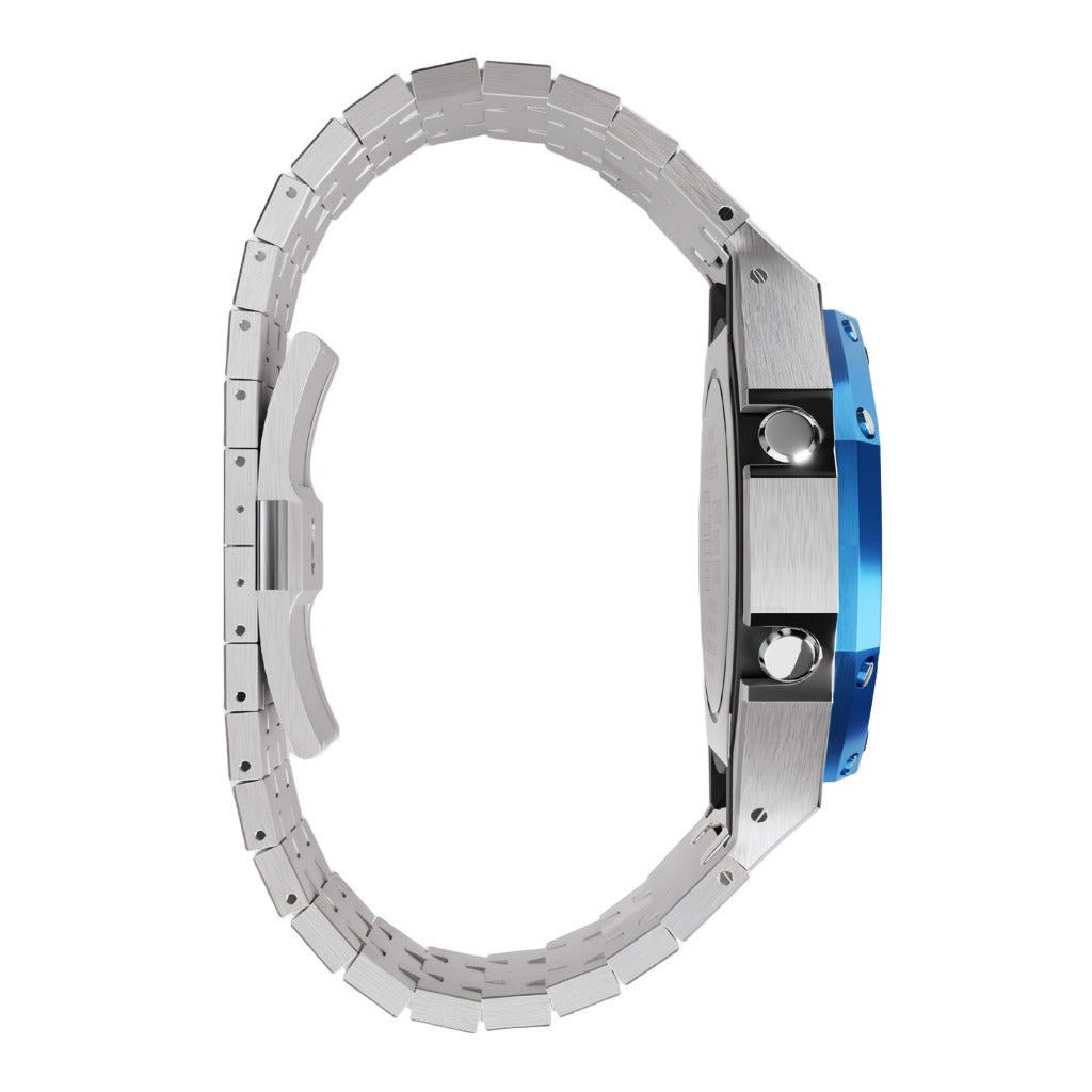 Casio G-Shock GA-2100 Silver Case & Blue Bezel GA2100 Casioak Mod Custom Watch