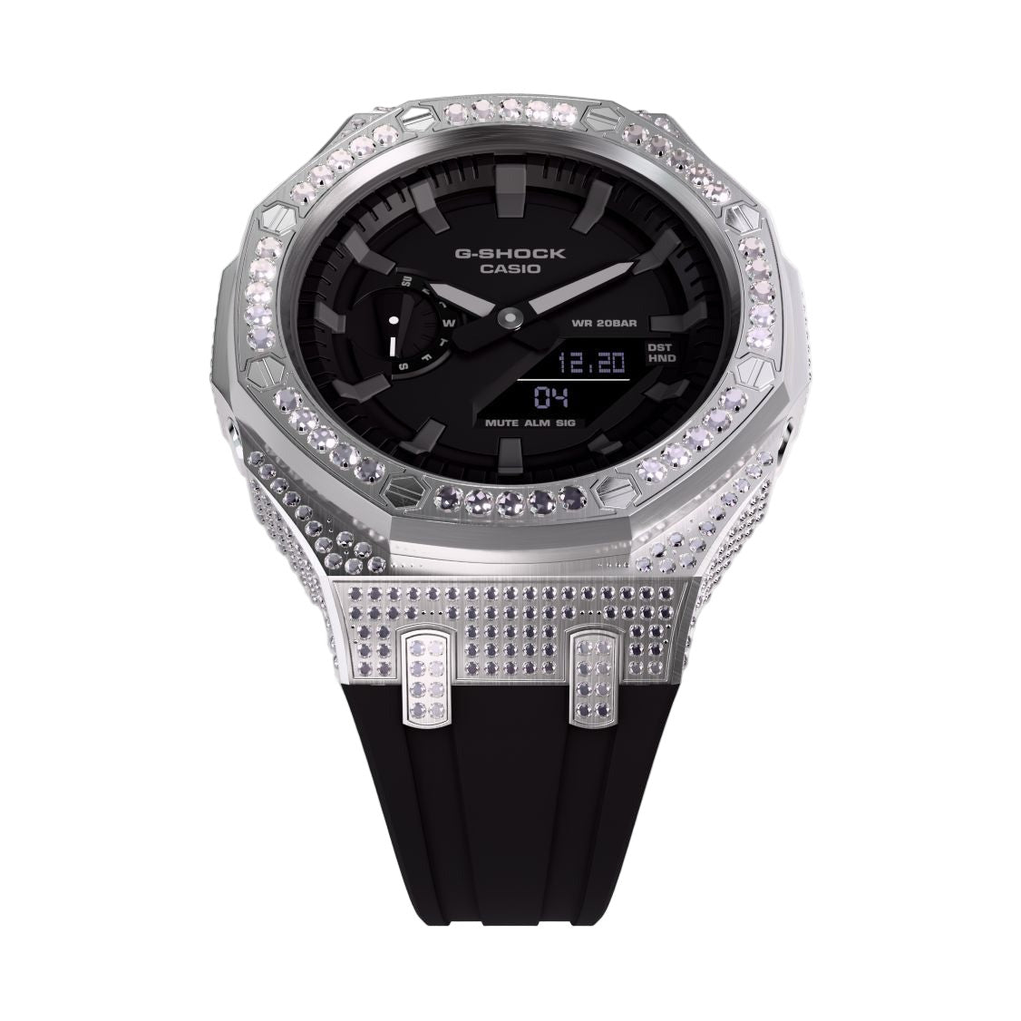 Iced Out Casioak Mod - All Crystal Casio G-Shock GA-2100 Modded Watch GA2100 Face Up View