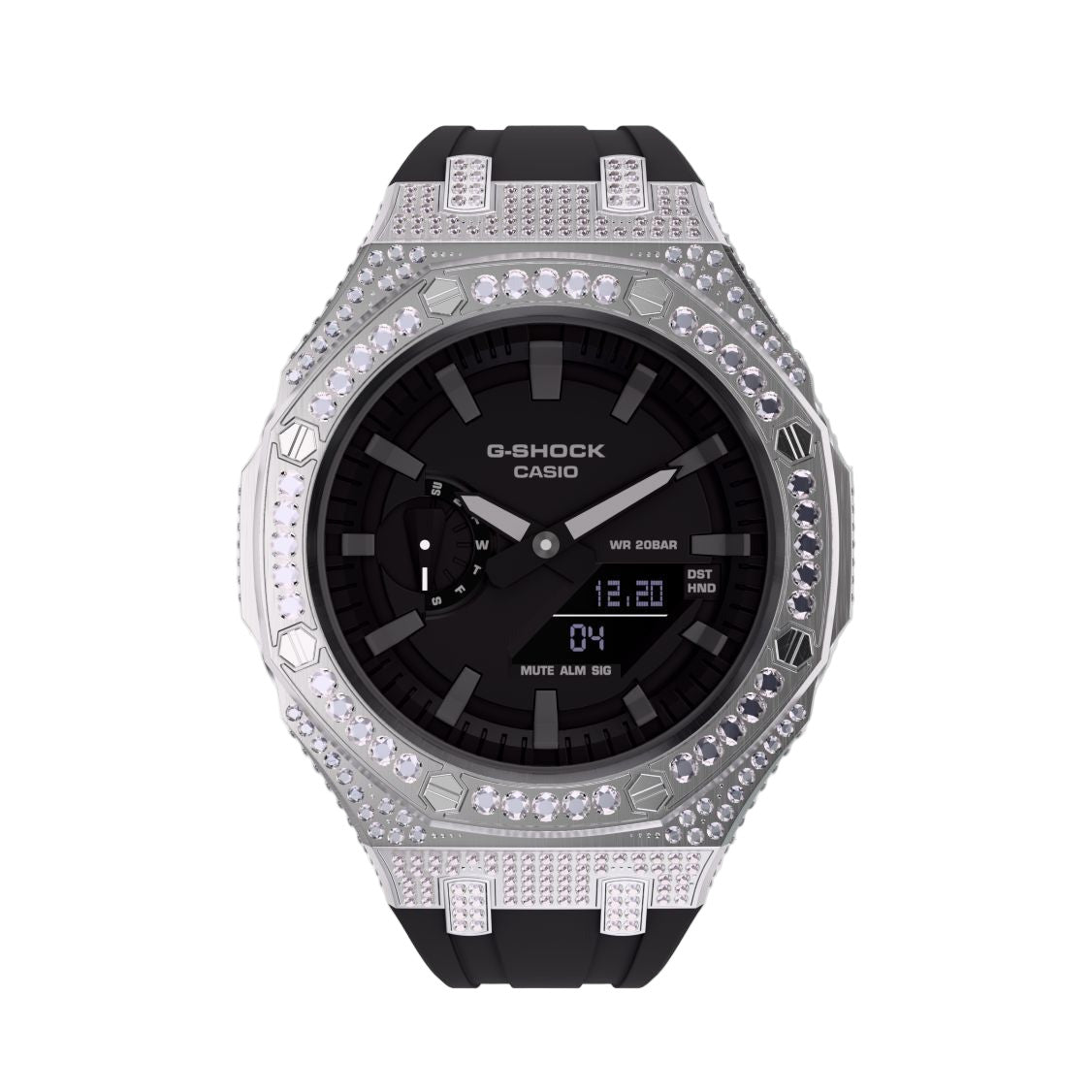Iced Out Casioak Mod - All Crystal Casio G-Shock GA-2100 Modded Watch GA2100 Front View
