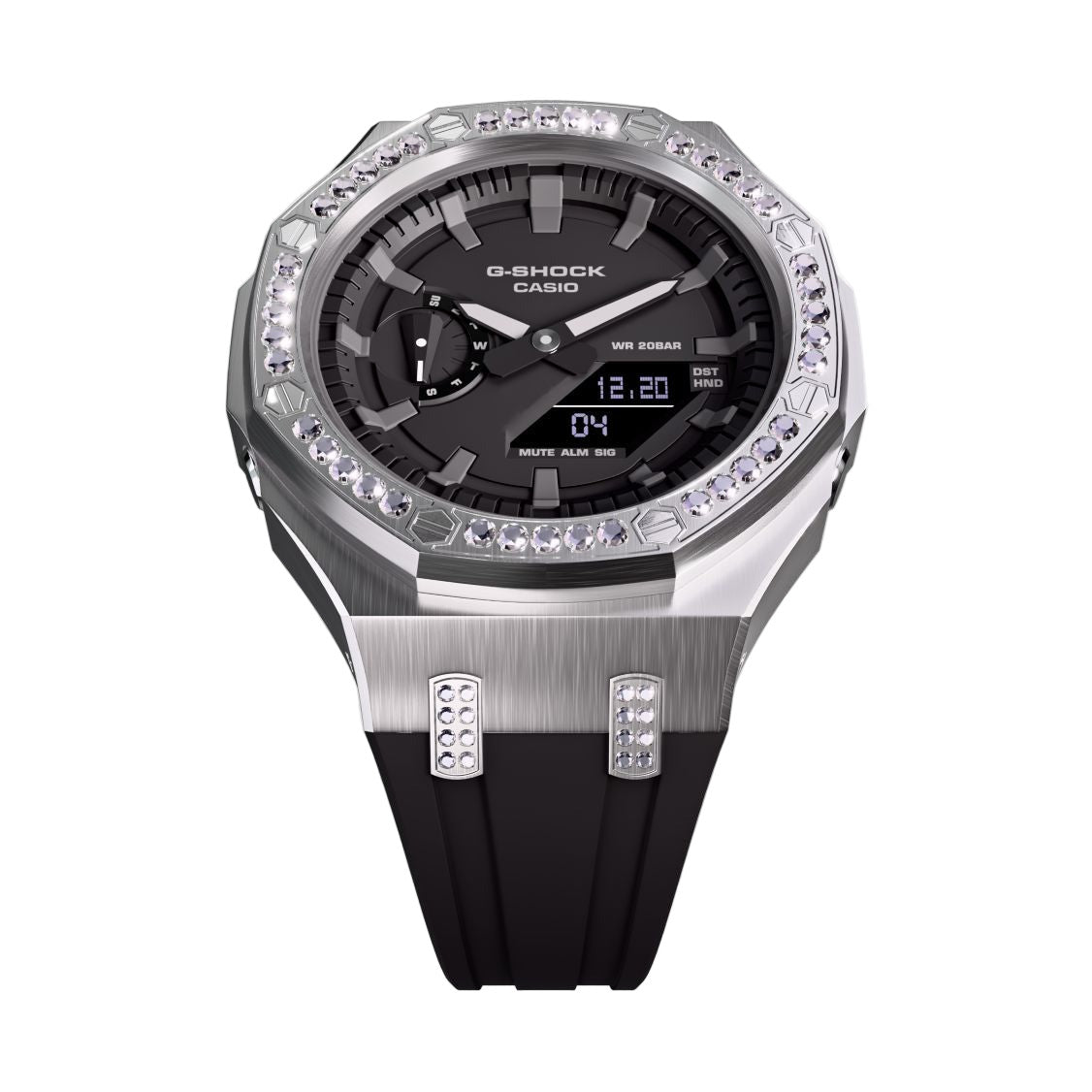 Iced Out Casioak Mod - Casio G-Shock GA-2100 Metal Modded Crystal Watch GA2100 - Face up View
