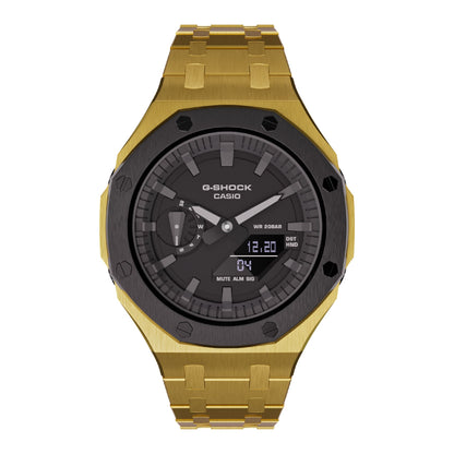 Gold tone with black bezel casioak mod ga2100 metal watch front view