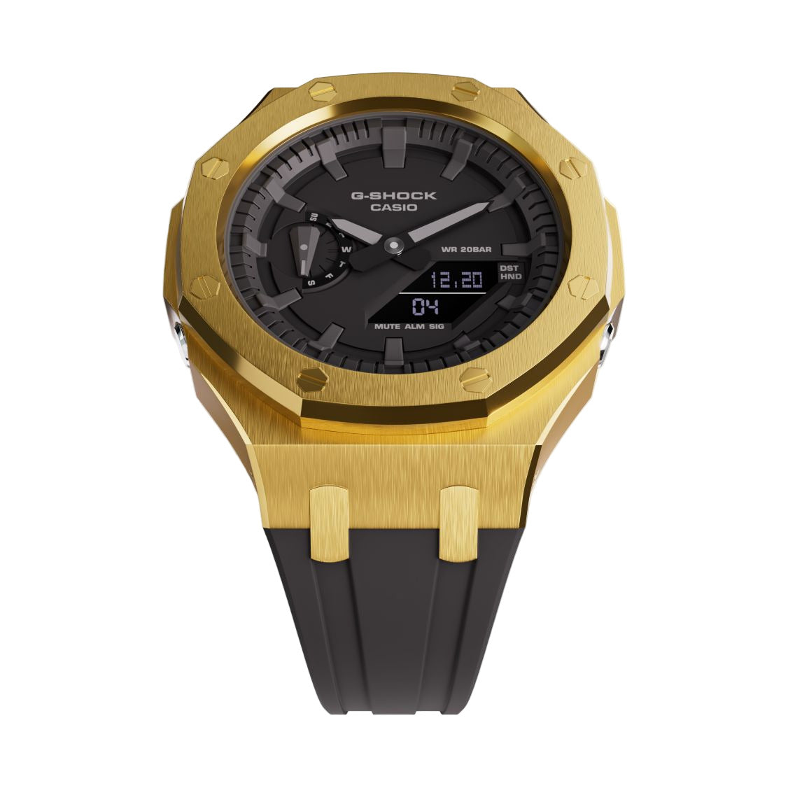 Casioak Mod Custom Watch Casio G-Shock GA-2100 Gold Tone Case Black Strap GA2100 Face Up View