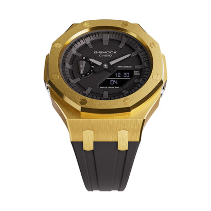 Casioak Mod Custom Watch Casio G-Shock GA-2100 Gold Tone Case Black Strap GA2100 Face Up View