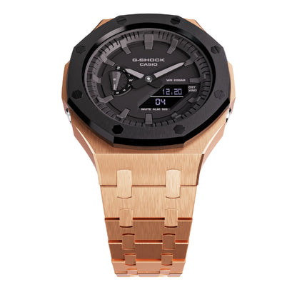 rose gold with black bezel casioak mod ga2100 metal watch face up view